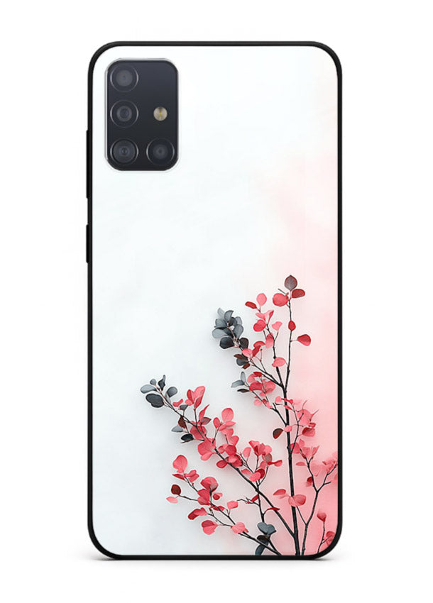 Red leaf artwork on Samsung A71 glass back cover with warm drifting botanical tones.