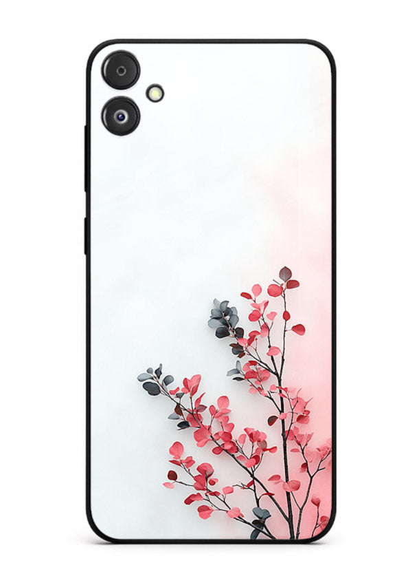Red leaf artwork on Samsung F14 5G glass back cover with warm drifting botanical tones.