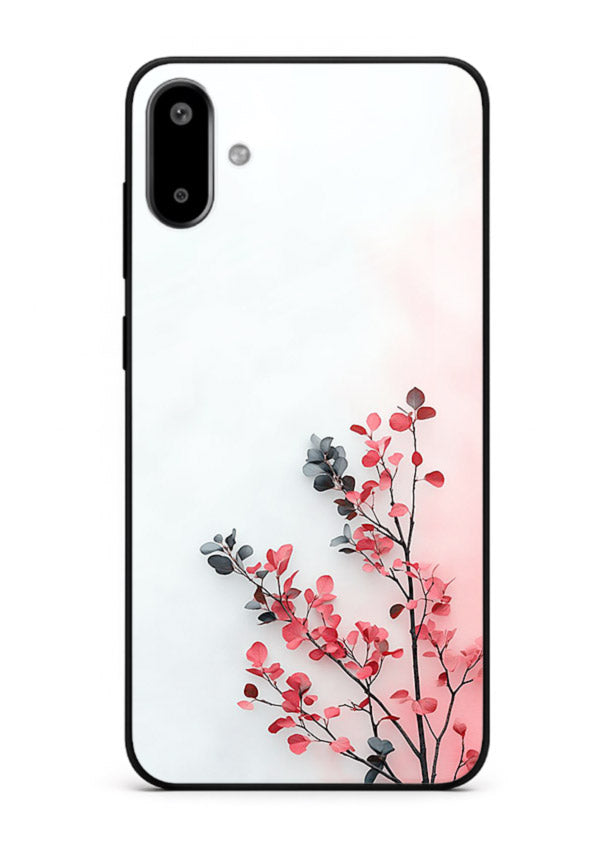 Red leaf artwork on Samsung F06 5G glass back cover with warm drifting botanical tones.