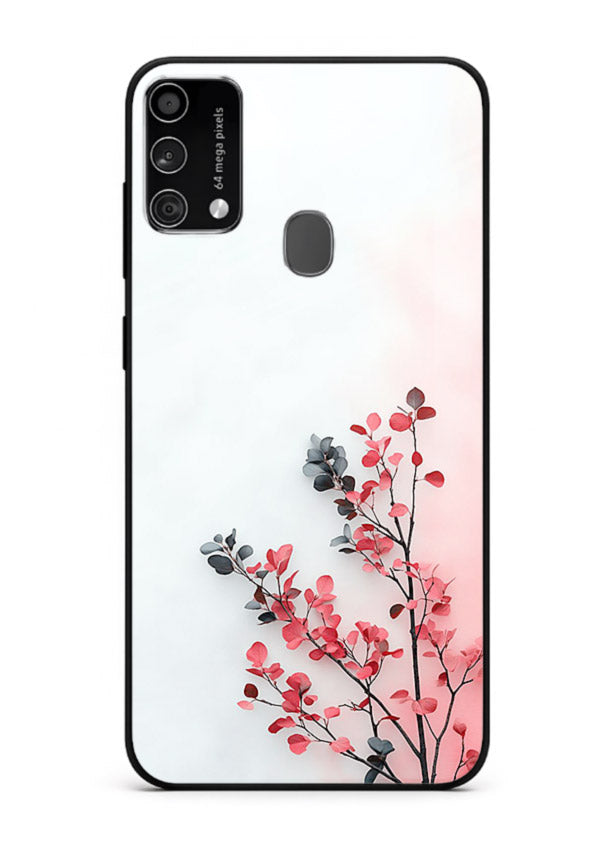 Red leaf artwork on Samsung F41 glass back cover with warm drifting botanical tones.