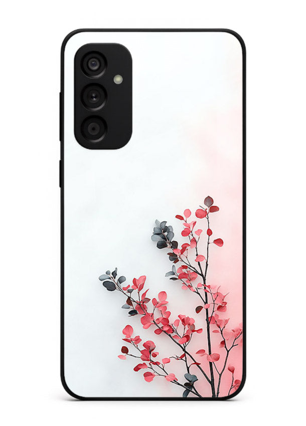Red leaf artwork on Samsung A34 5G glass back cover with warm drifting botanical tones.