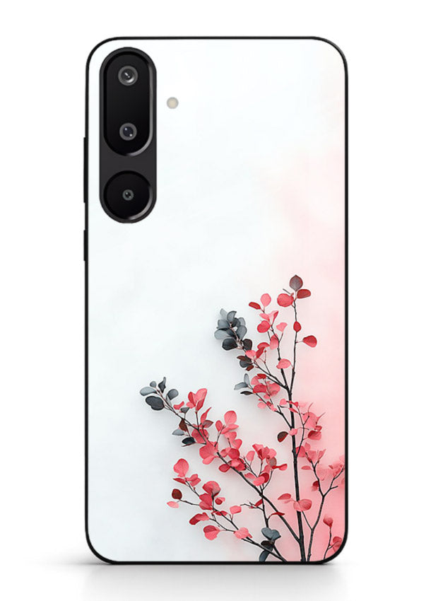 Red leaf artwork on Samsung M16 5G glass back cover with warm drifting botanical tones.