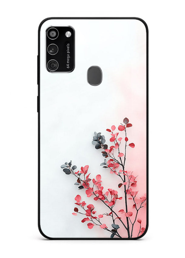 Red leaf artwork on Samsung M30s glass back cover with warm drifting botanical tones.