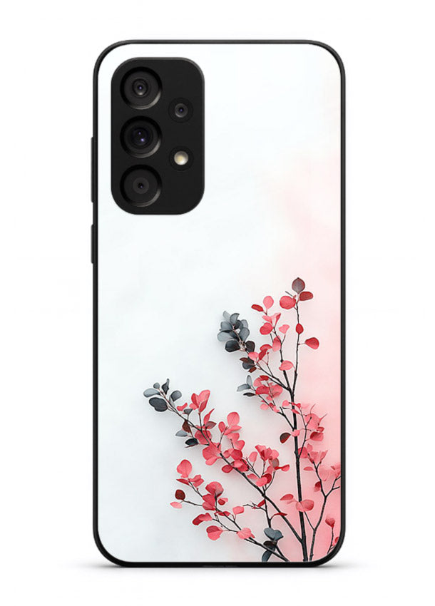 Red leaf artwork on Samsung A23 5G glass back cover with warm drifting botanical tones.