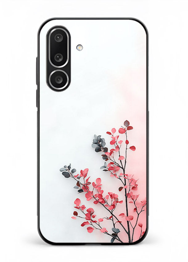 Red leaf artwork on Samsung M56 5G glass back cover with warm drifting botanical tones.