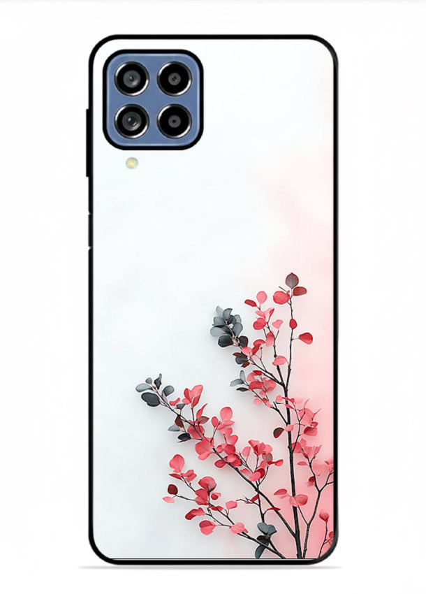 Red leaf artwork on Samsung M33 5G glass back cover with warm drifting botanical tones.