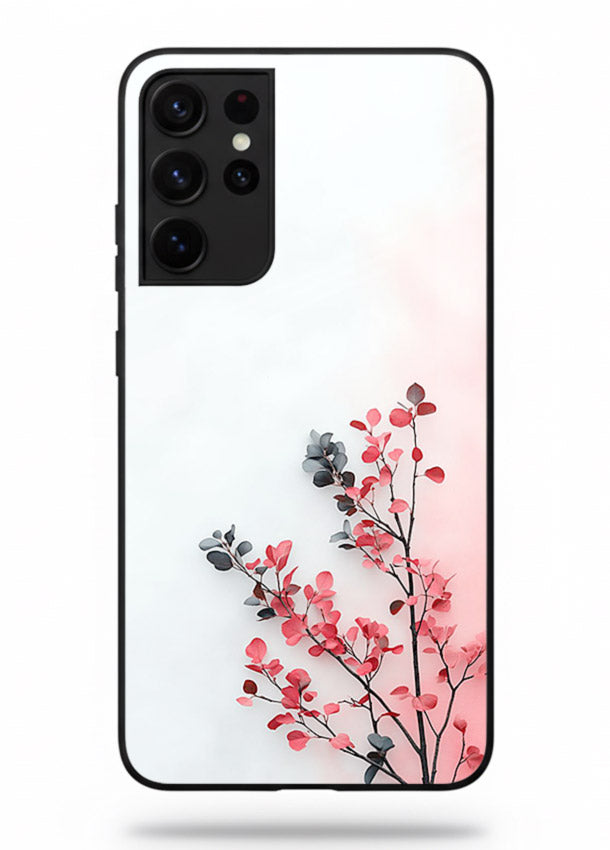 Red leaf artwork on Samsung S21 Ultra glass back cover with warm drifting botanical tones.