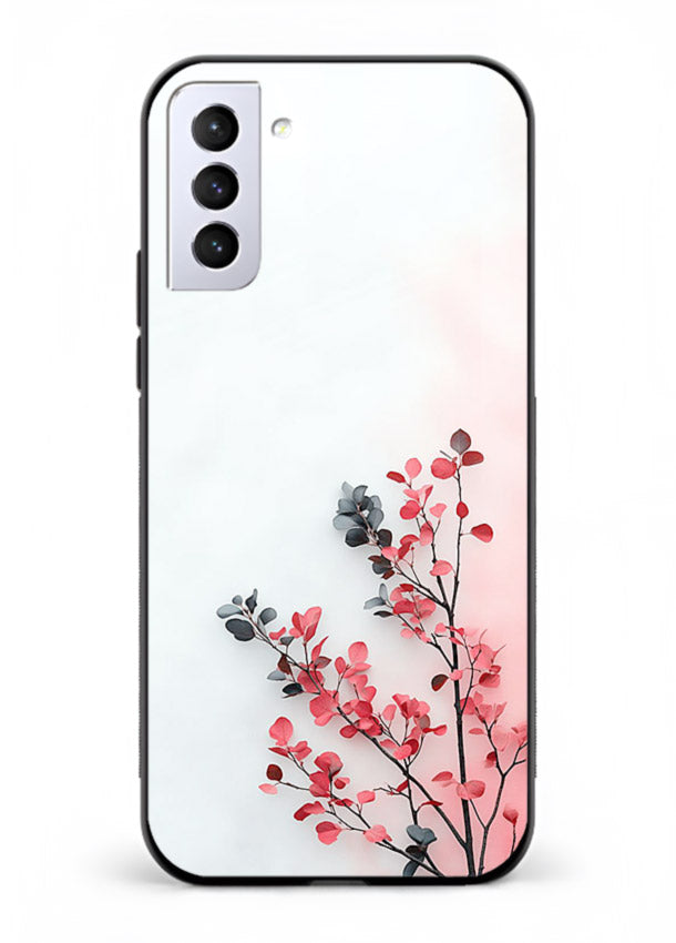 Red leaf artwork on Samsung S21 Plus glass back cover with warm drifting botanical tones.