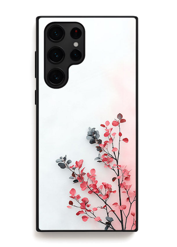 Red leaf artwork on Samsung S24 Ultra glass back cover with warm drifting botanical tones.
