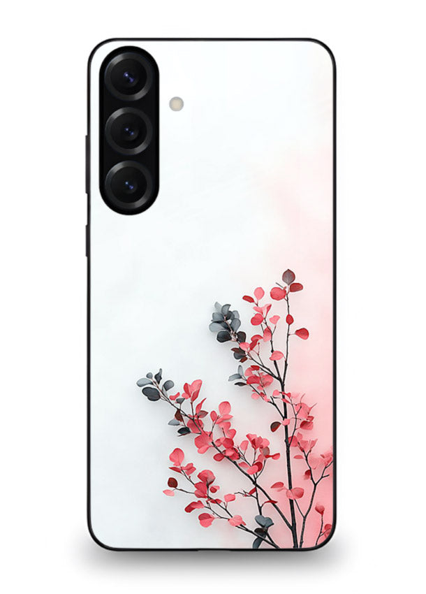 Red leaf artwork on Samsung A35 5G glass back cover with warm drifting botanical tones.