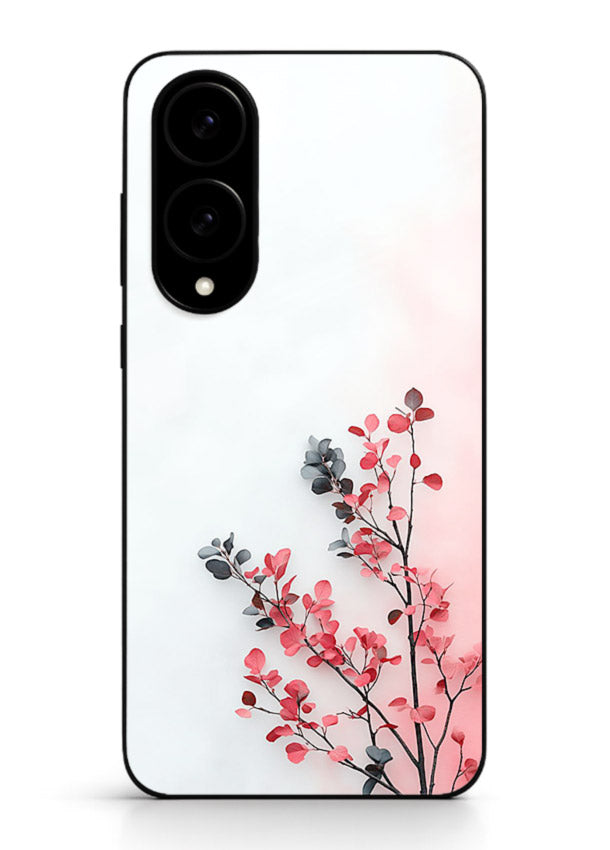 Red leaf artwork on Samsung S25 Edge glass back cover with warm drifting botanical tones.