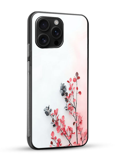 Red leaf artwork on glossy vibrant premium glass back cover with warm drifting botanical tones. - Angle Side