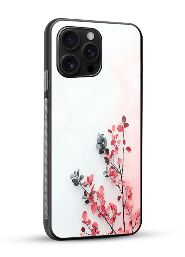 Red leaf artwork on glossy vibrant premium glass back cover with warm drifting botanical tones. - Angle Side