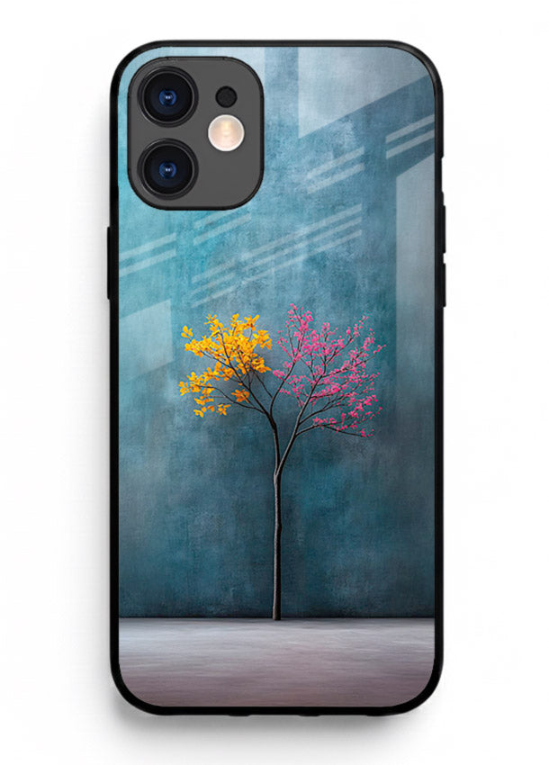 Blue tree artwork on iphone 12 mini glass back cover with soft minimal artistic tones.