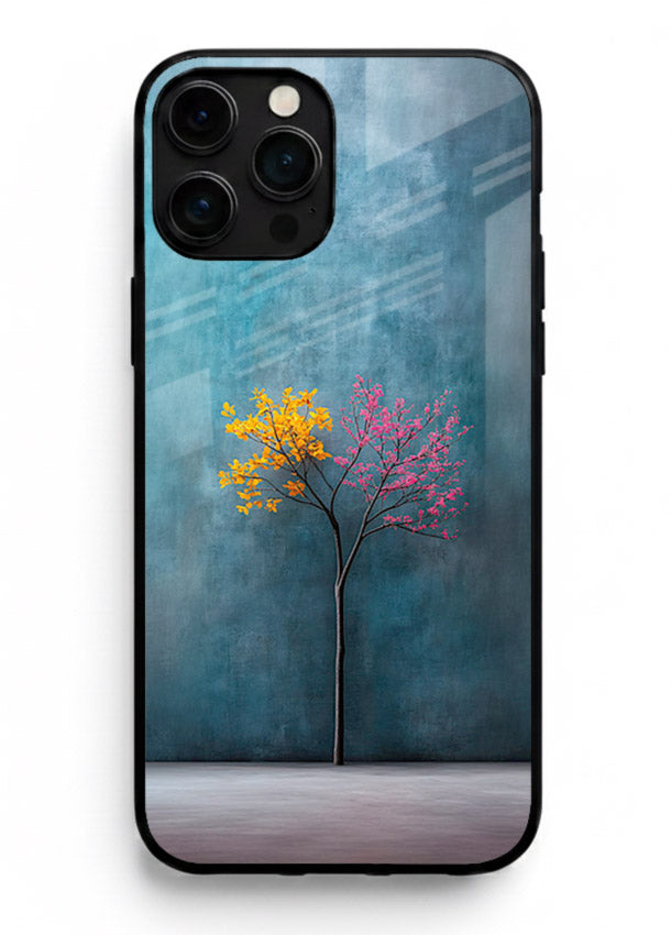 Blue tree artwork on iphone 15 pro max glass back cover with soft minimal artistic tones.