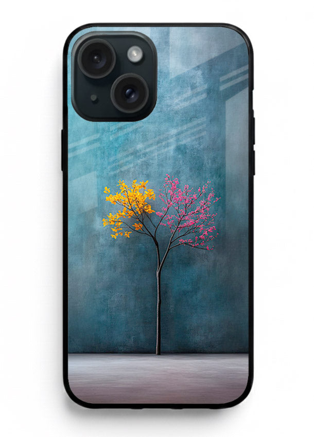Blue tree artwork on iphone 14 glass back cover with soft minimal artistic tones.