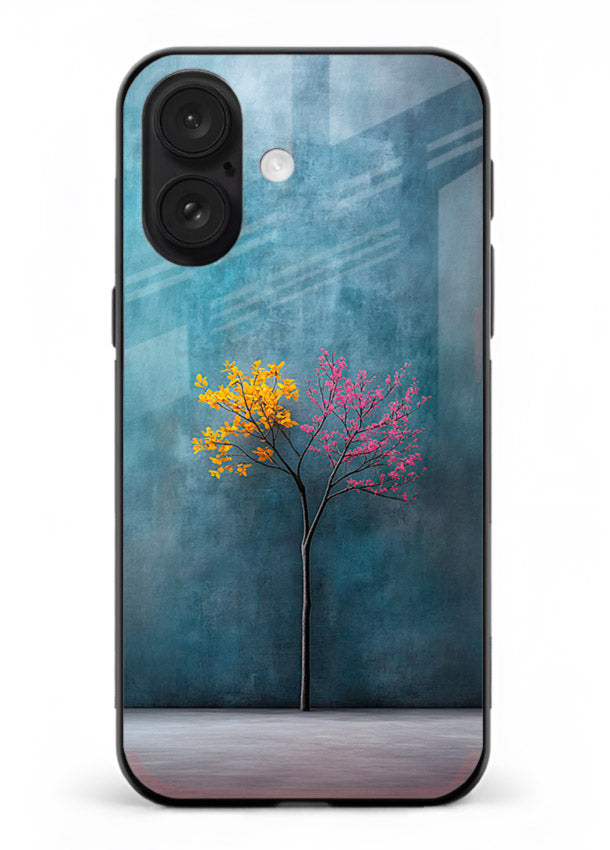 Blue tree artwork on iphone 16 plus glass back cover with soft minimal artistic tones.