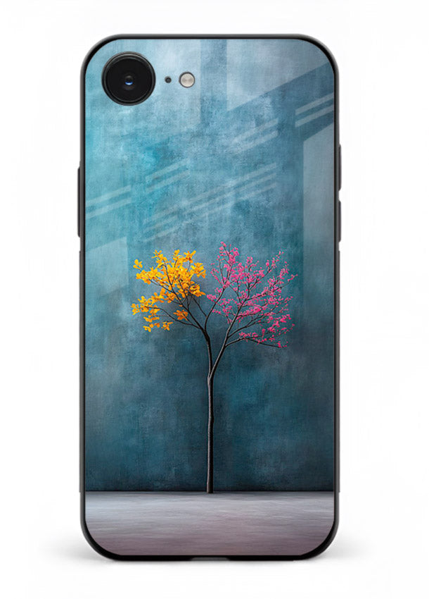 Blue tree artwork on iphone 16e glass back cover with soft minimal artistic tones.