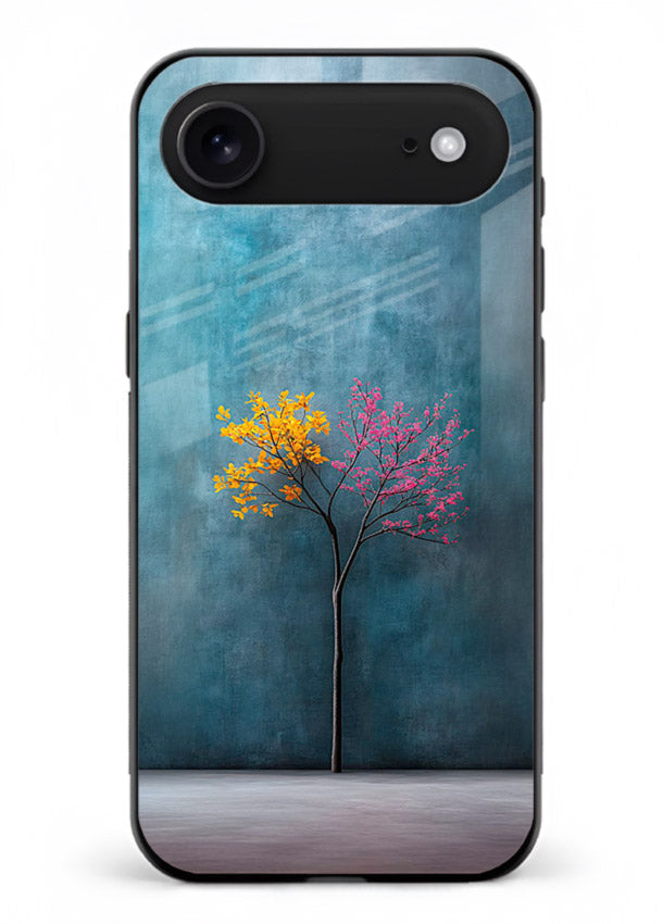 Blue tree artwork on iphone 18 air glass back cover with soft minimal artistic tones.