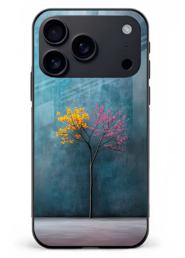 Blue tree artwork on iphone 18 pro max glass back cover with soft minimal artistic tones.