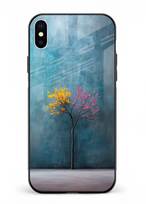 Blue tree artwork on iphone xs max glass back cover with soft minimal artistic tones.