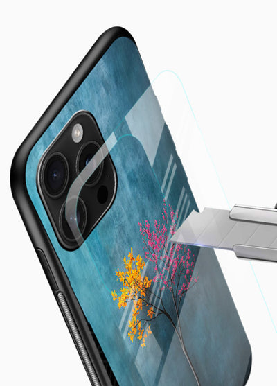 Blue tree artwork on glossy vibrant premium glass back cover with soft minimal artistic tones. - Angle Blade