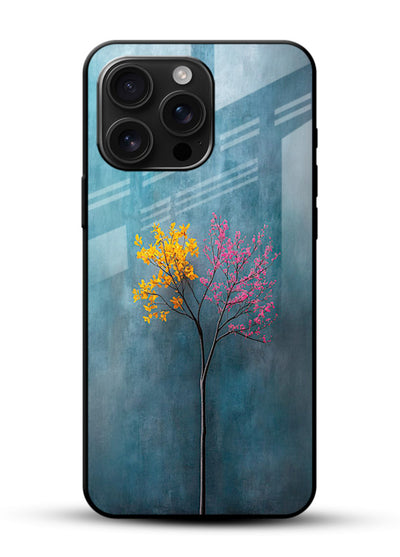 Blue tree artwork on glossy vibrant premium glass back cover with soft minimal artistic tones. - Angle Front
