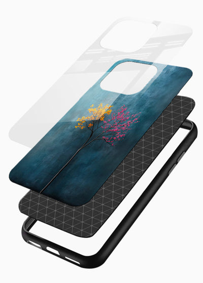 Blue tree artwork on glossy vibrant premium glass back cover with soft minimal artistic tones. - Angle Layers