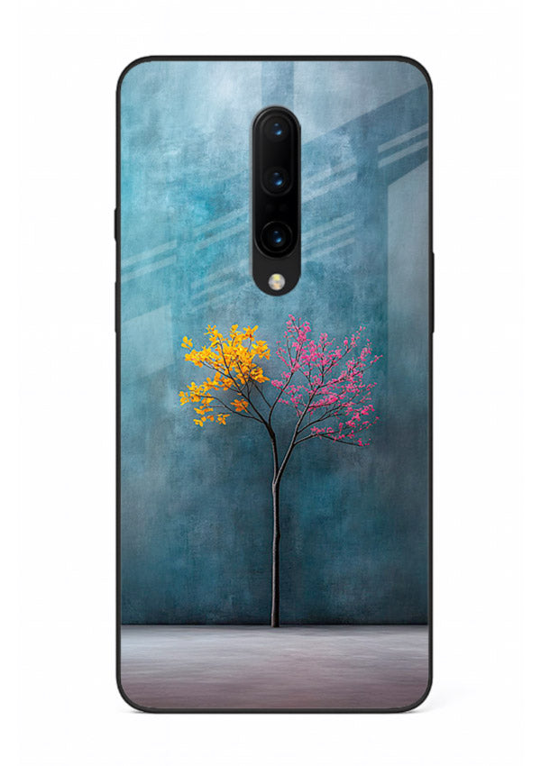 Blue tree artwork on OnePlus 8 glass back cover with soft minimal artistic tones.