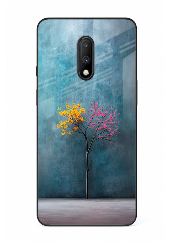 Blue tree artwork on OnePlus 7 glass back cover with soft minimal artistic tones.