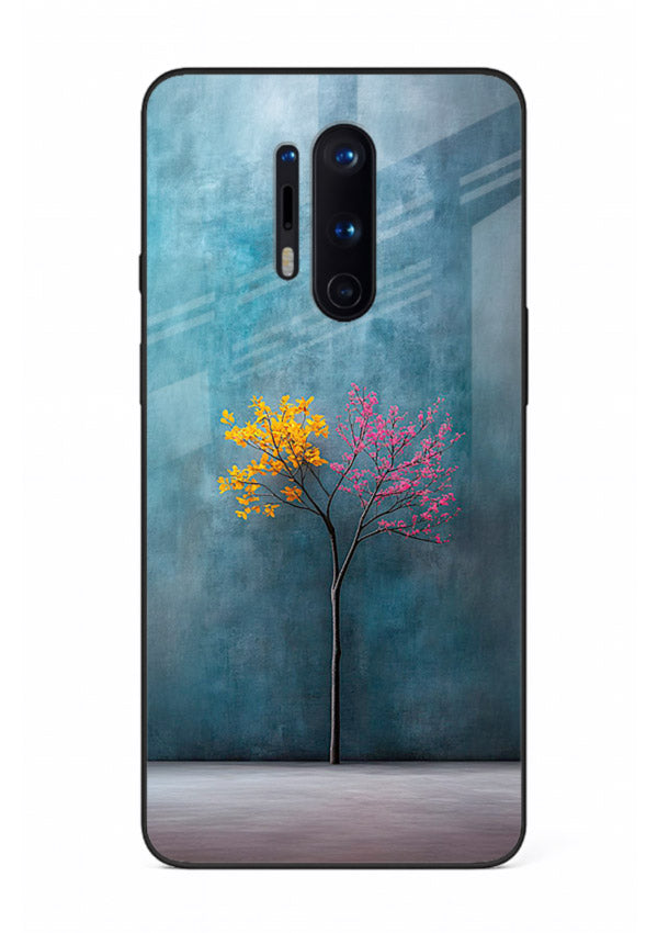 Blue tree artwork on OnePlus 8 Pro glass back cover with soft minimal artistic tones.