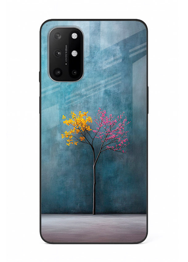 Blue tree artwork on OnePlus 8T glass back cover with soft minimal artistic tones.
