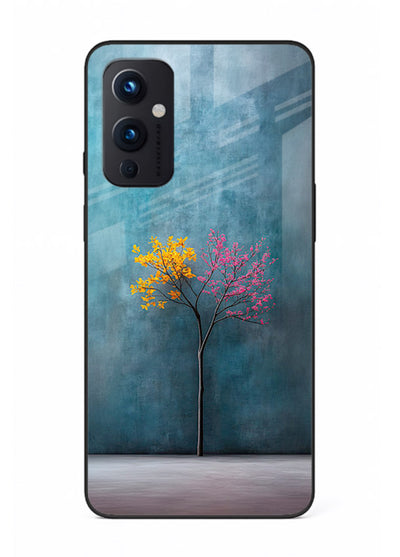 Blue tree artwork on OnePlus 9 Pro glass back cover with soft minimal artistic tones.