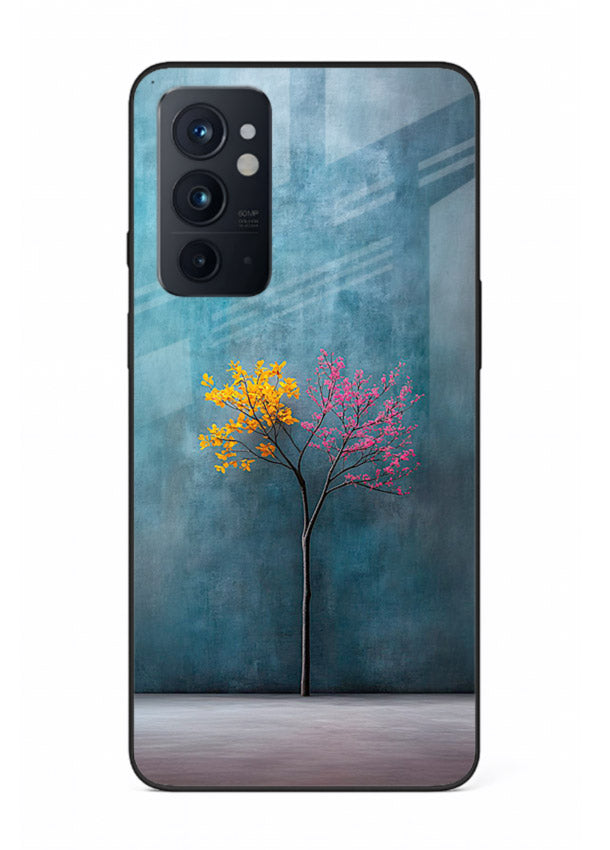 Blue tree artwork on OnePlus 9RT glass back cover with soft minimal artistic tones.