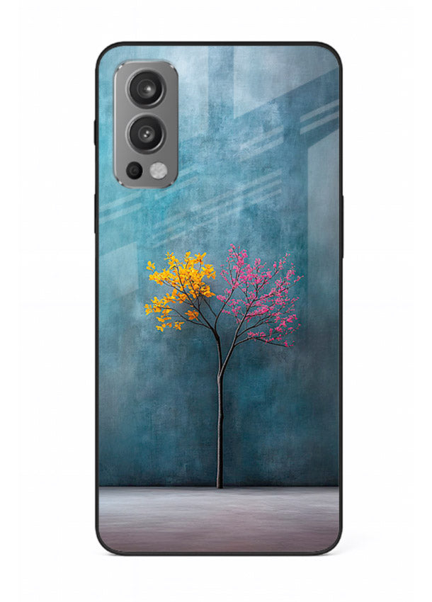 Blue tree artwork on OnePlus Nord 2 glass back cover with soft minimal artistic tones.