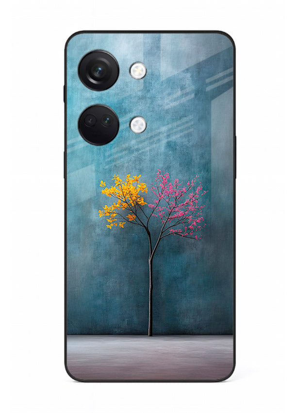 Blue tree artwork on OnePlus Nord 3 glass back cover with soft minimal artistic tones.