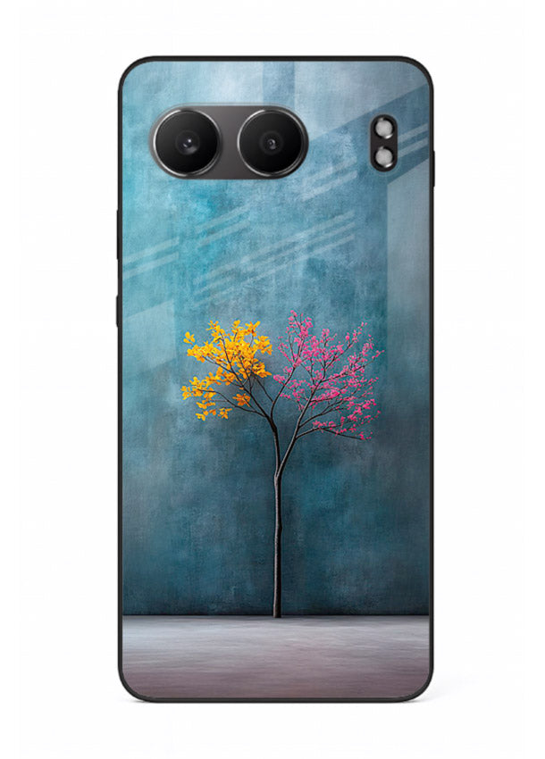 Blue tree artwork on OnePlus Nord 4 glass back cover with soft minimal artistic tones.