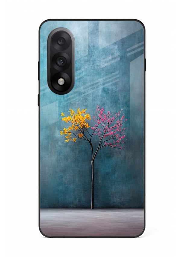 Blue tree artwork on OnePlus Nord 5 glass back cover with soft minimal artistic tones.