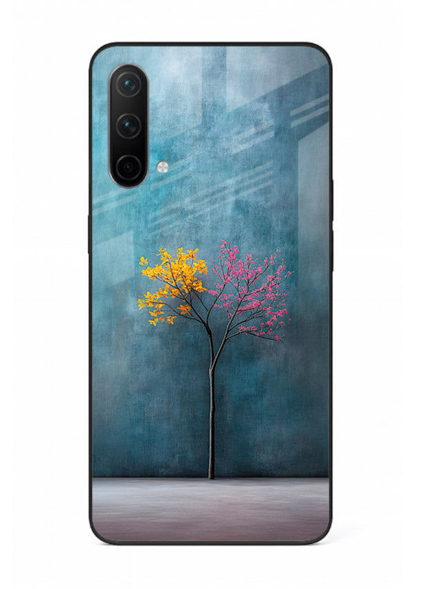Blue tree artwork on OnePlus Nord CE 5G glass back cover with soft minimal artistic tones.