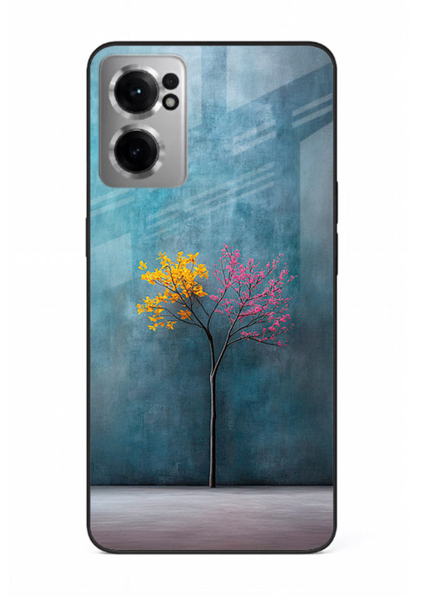 Blue tree artwork on OnePlus Nord CE2 5G glass back cover with soft minimal artistic tones.