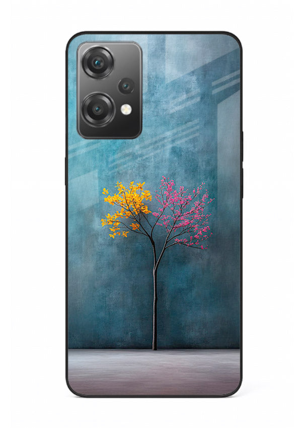 Blue tree artwork on OnePlus Nord CE2 Lite 5G glass back cover with soft minimal artistic tones.