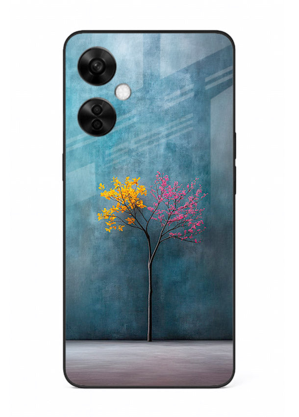 Blue tree artwork on OnePlus Nord CE3 Lite glass back cover with soft minimal artistic tones.