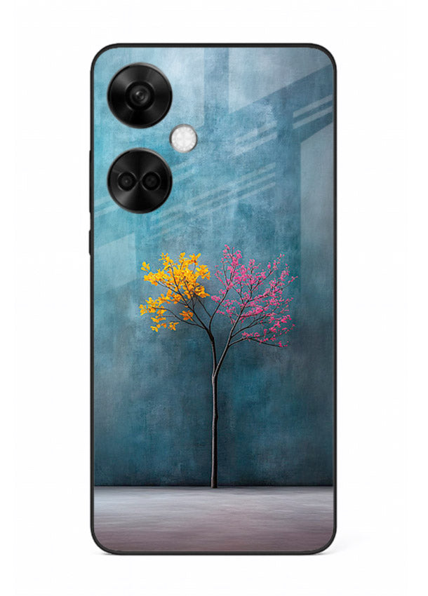 Blue tree artwork on OnePlus Nord CE3 glass back cover with soft minimal artistic tones.