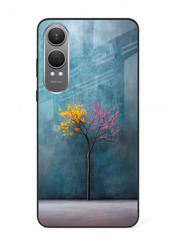 Blue tree artwork on OnePlus Nord CE4 Lite glass back cover with soft minimal artistic tones.