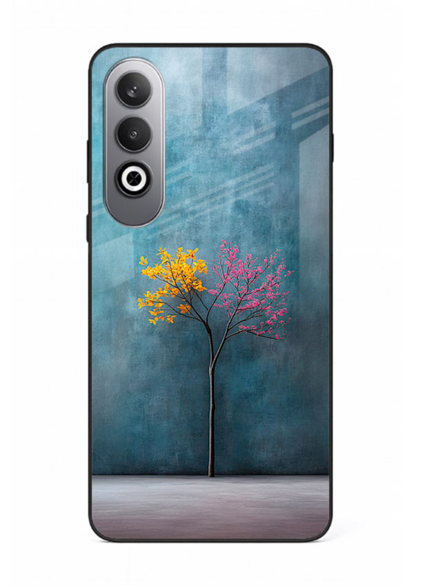 Blue tree artwork on OnePlus Nord CE4 glass back cover with soft minimal artistic tones.