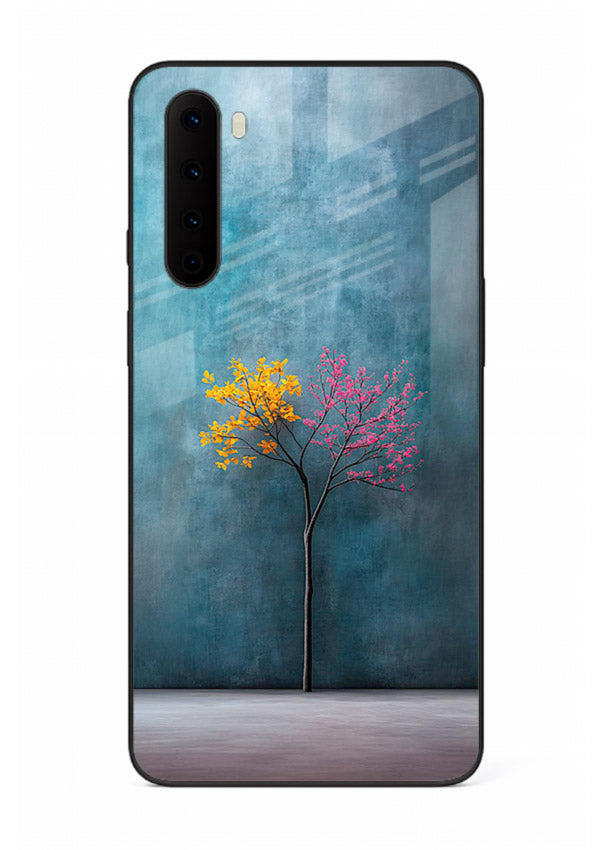 Blue tree artwork on OnePlus Nord glass back cover with soft minimal artistic tones.