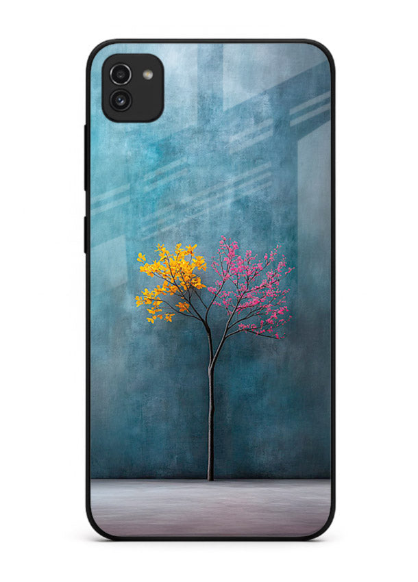 Blue tree artwork on Samsung A03 glass back cover with soft minimal artistic tones.