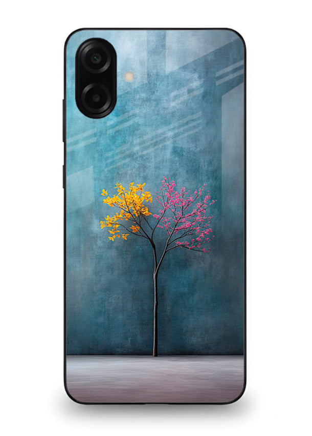 Blue tree artwork on Samsung A07 4G glass back cover with soft minimal artistic tones.