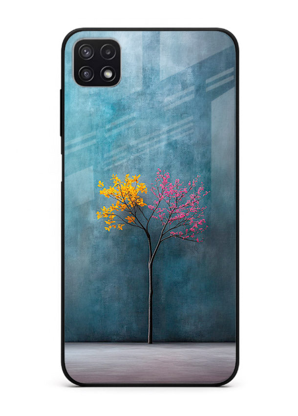 Blue tree artwork on Samsung F42 5G glass back cover with soft minimal artistic tones.