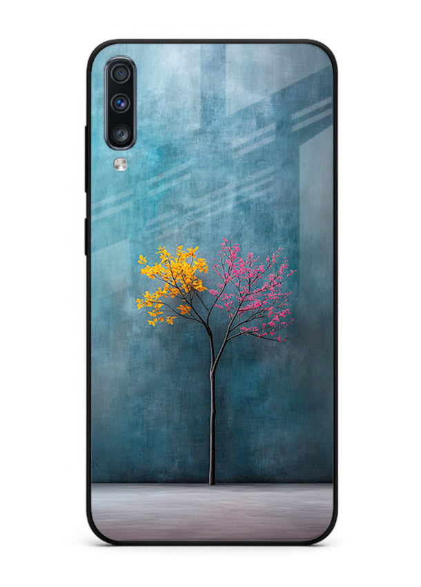 Blue tree artwork on Samsung A70 glass back cover with soft minimal artistic tones.
